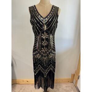 Black‎ Dress with Gold sequins M With Bottom Fringe,Sexy,Heavy Embellishments